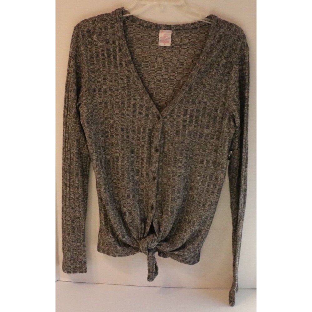No Boundaries Gray White LS Button-Front Tie-Hem Cardigan Juniors Large NWT